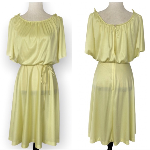 Vintage 70s Yellow Flutter Sleeve Dress - Picture 1 of 11